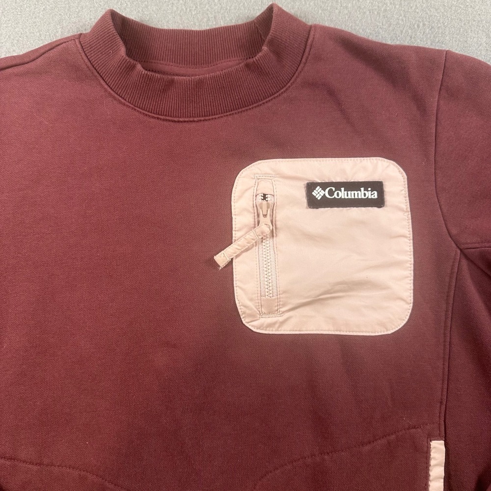 Columbia Womens Crewneck Sweatshirt Burgundy Pink Zip Pocket AP2930 Small